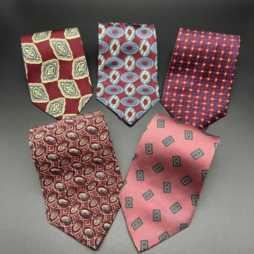 Lot of 5 Men's Neck Ties Shades of Red 55-57" Long 3.5-4" Wide 100% Silk USA